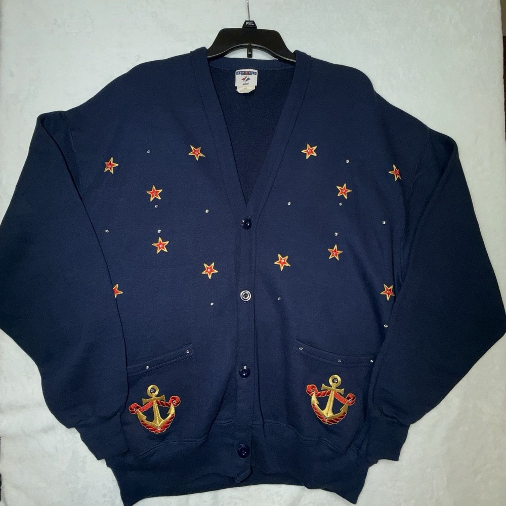VTG 90s Sweatshirt Cardigan XL Oversized Anchors Stars Nautical Sea Life Bling
